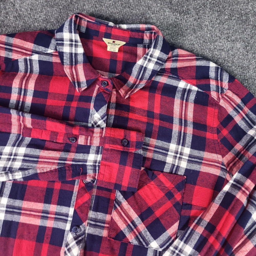 Woolrich Mens XXL Red Blue White Plaid Flannel Button Down Shirt Long Sleeve
